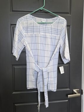 Liz Claiborne Light Blue and White Plaid Tie-Front Blouse